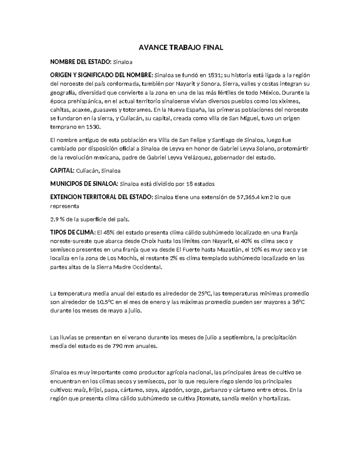 Avance Trabajo Final sobre Sinaloa - Gestión del Medio Ambiente - Studocu