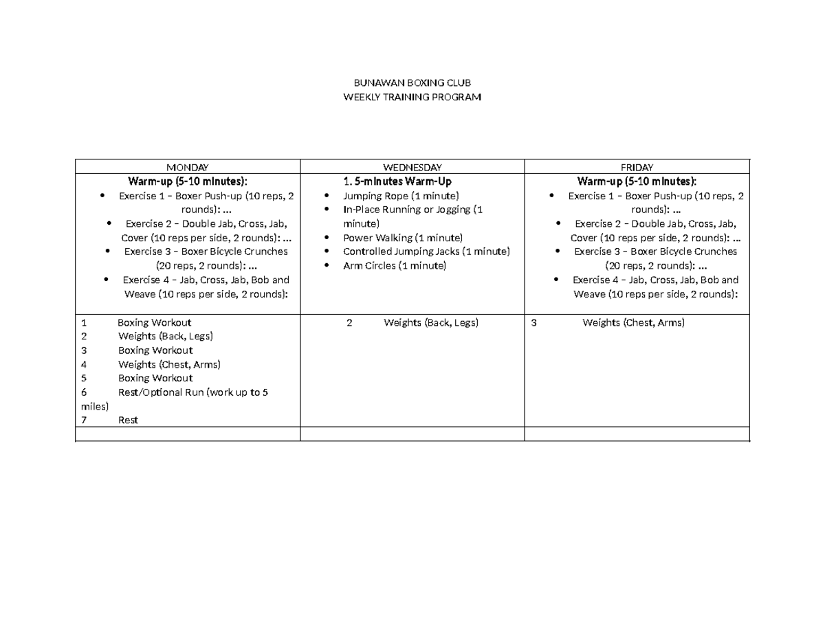 Bunawan Boxing CLUB - Guide - BUNAWAN BOXING CLUB WEEKLY TRAINING ...