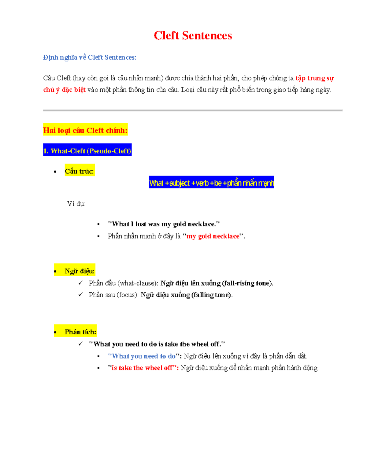 Cleft Sentences: Định Nghĩa và Cấu Trúc Câu Nhấn Mạnh - Studocu