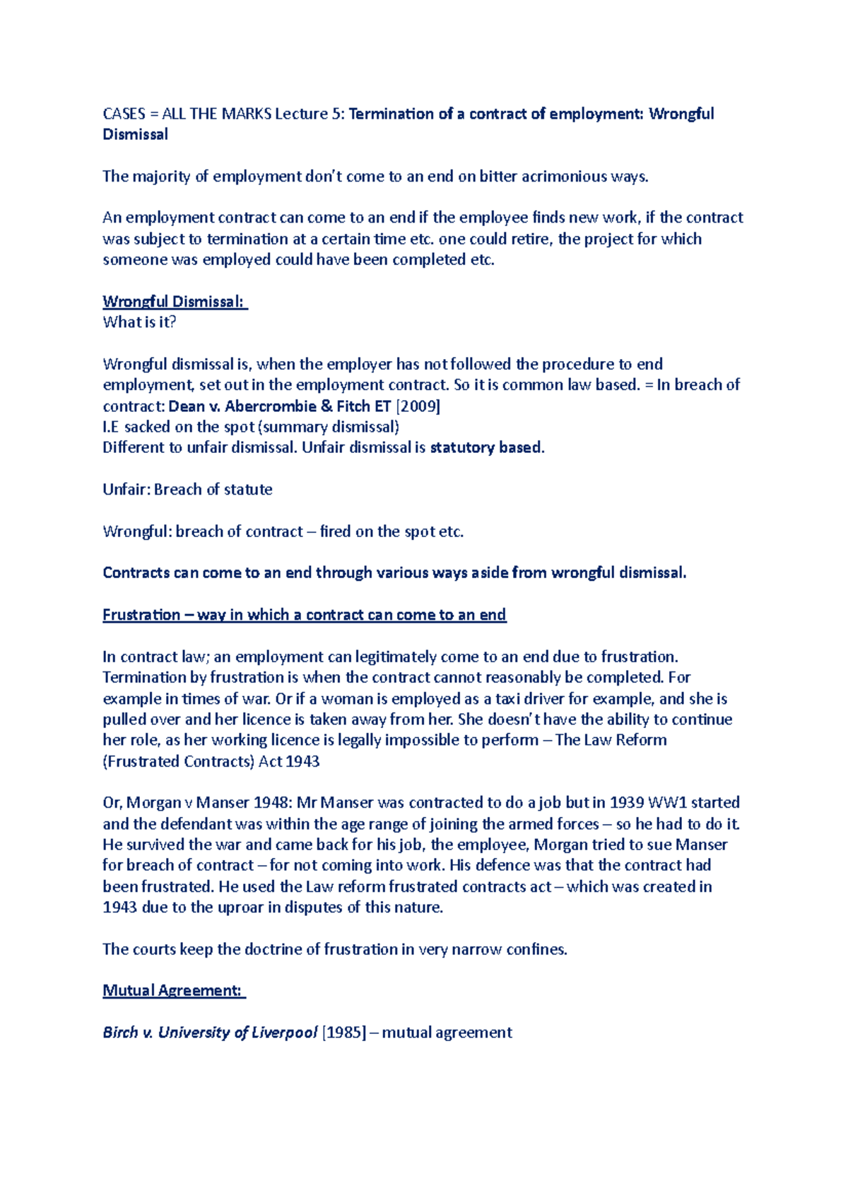 Lecture 5: Understanding Wrongful Dismissal in Employment Law - Studocu