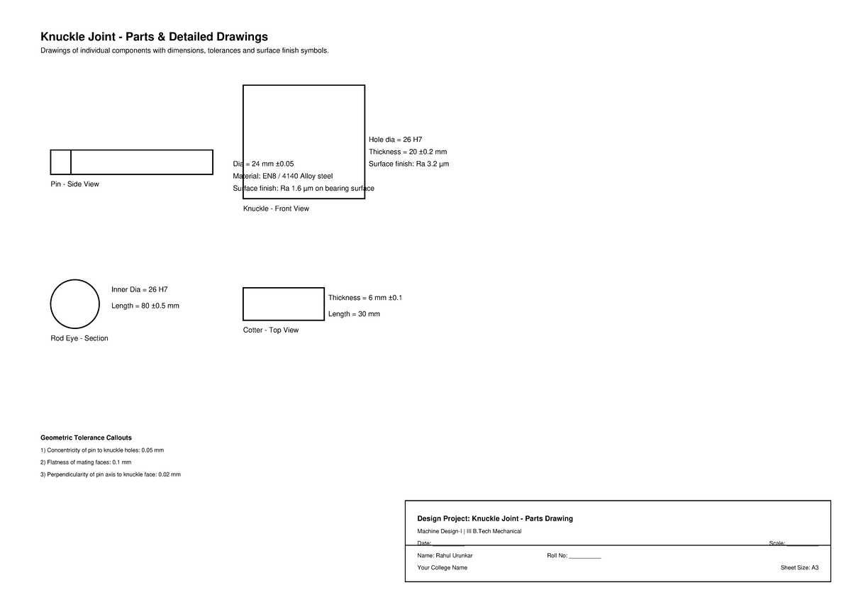 Knuckle Joint Parts Detailed Drawings - B.Tech Mech A3 - Studocu