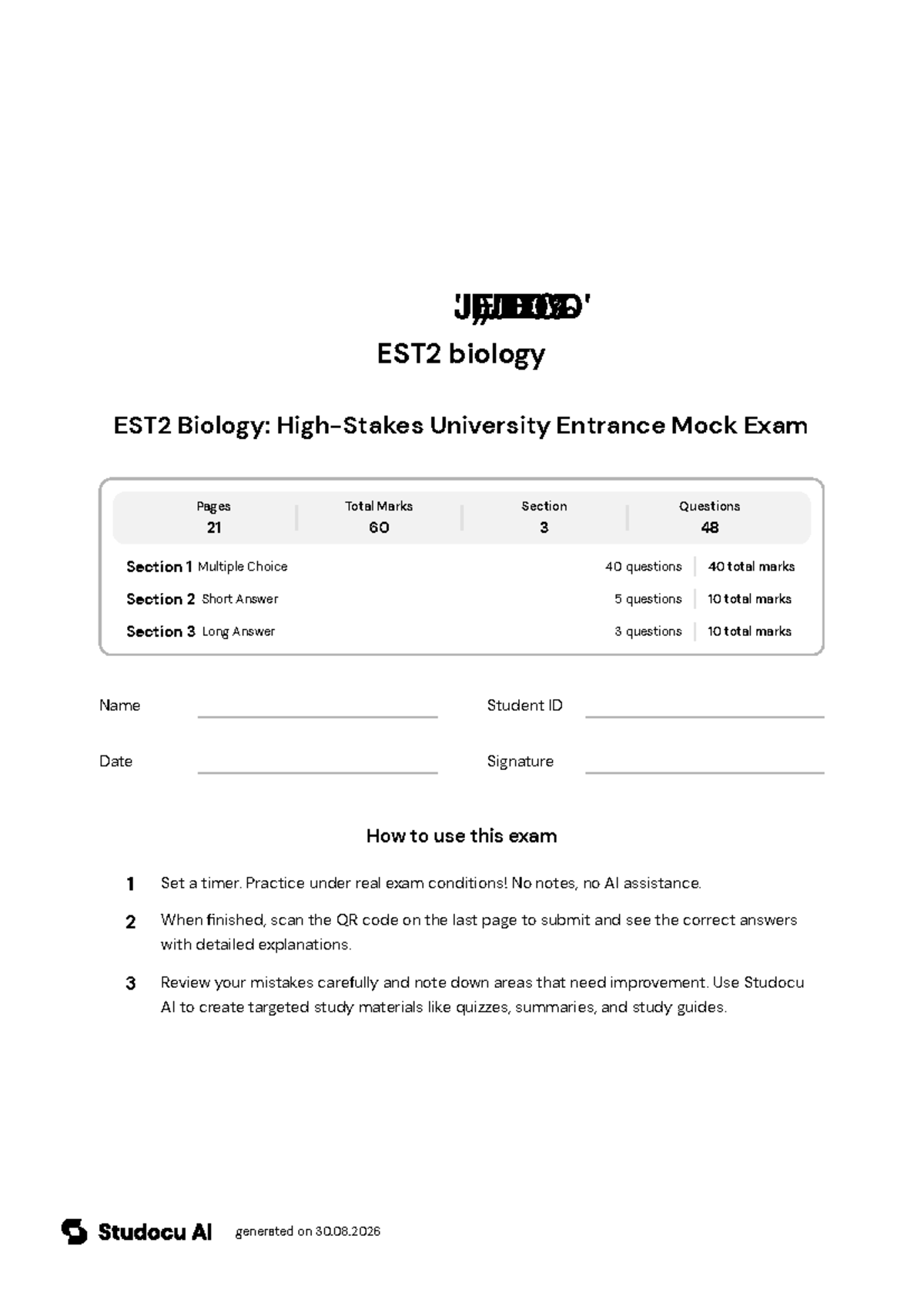 EST2 Biology High-Stakes Mock Exam - Studocu