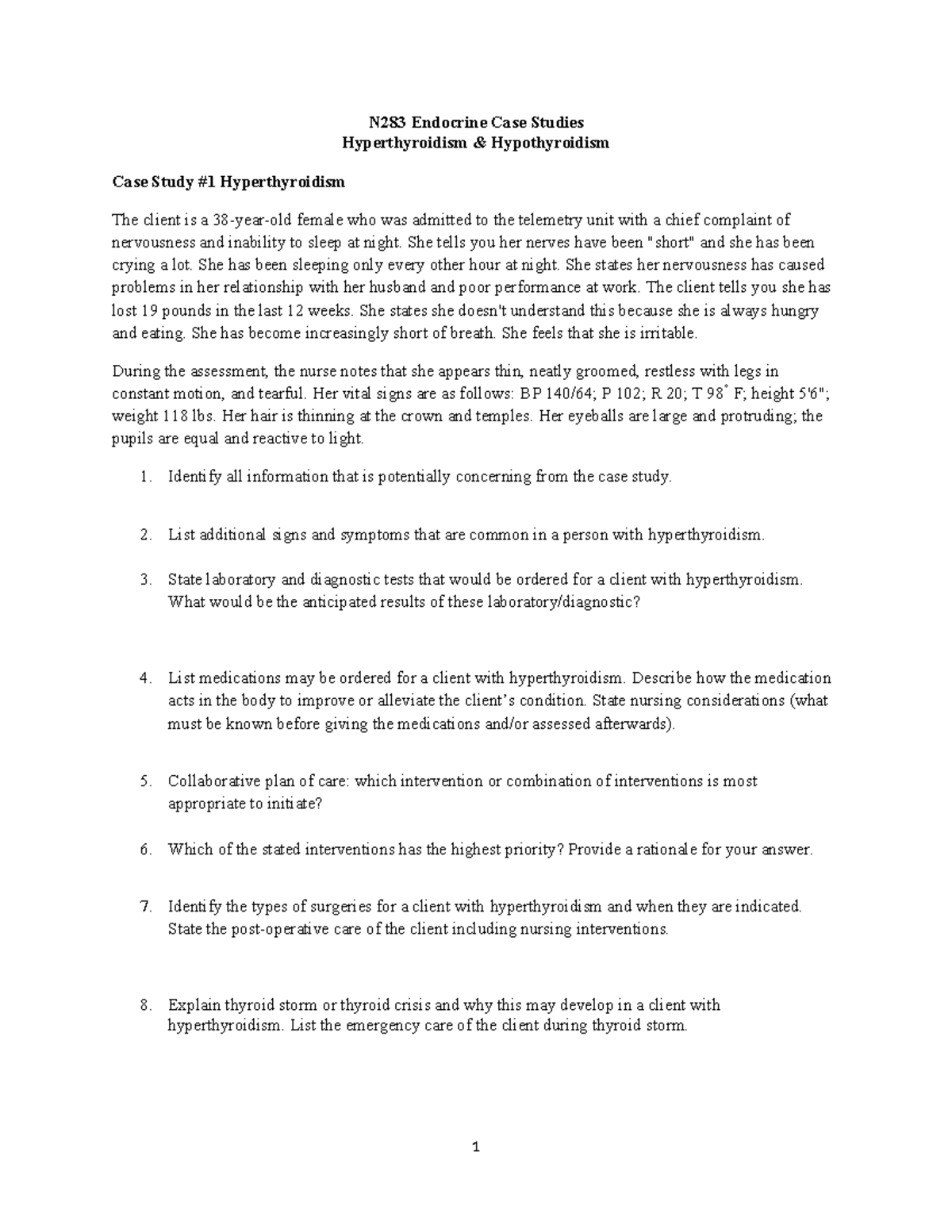 N283 Endocrine Case Studies: Hyperthyroidism & Hypothyroidism Analysis ...