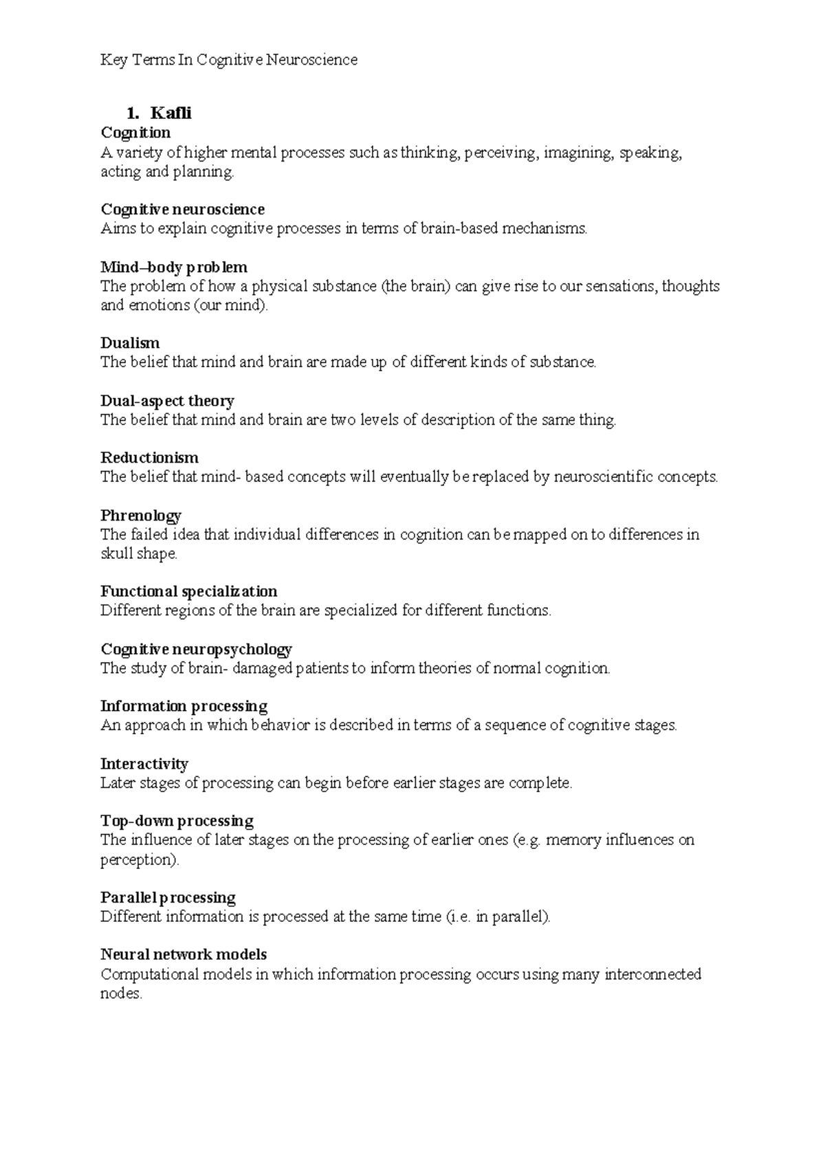 Cognition and Neuroscience: An Overview of Key Concepts (PSY101) - Studocu