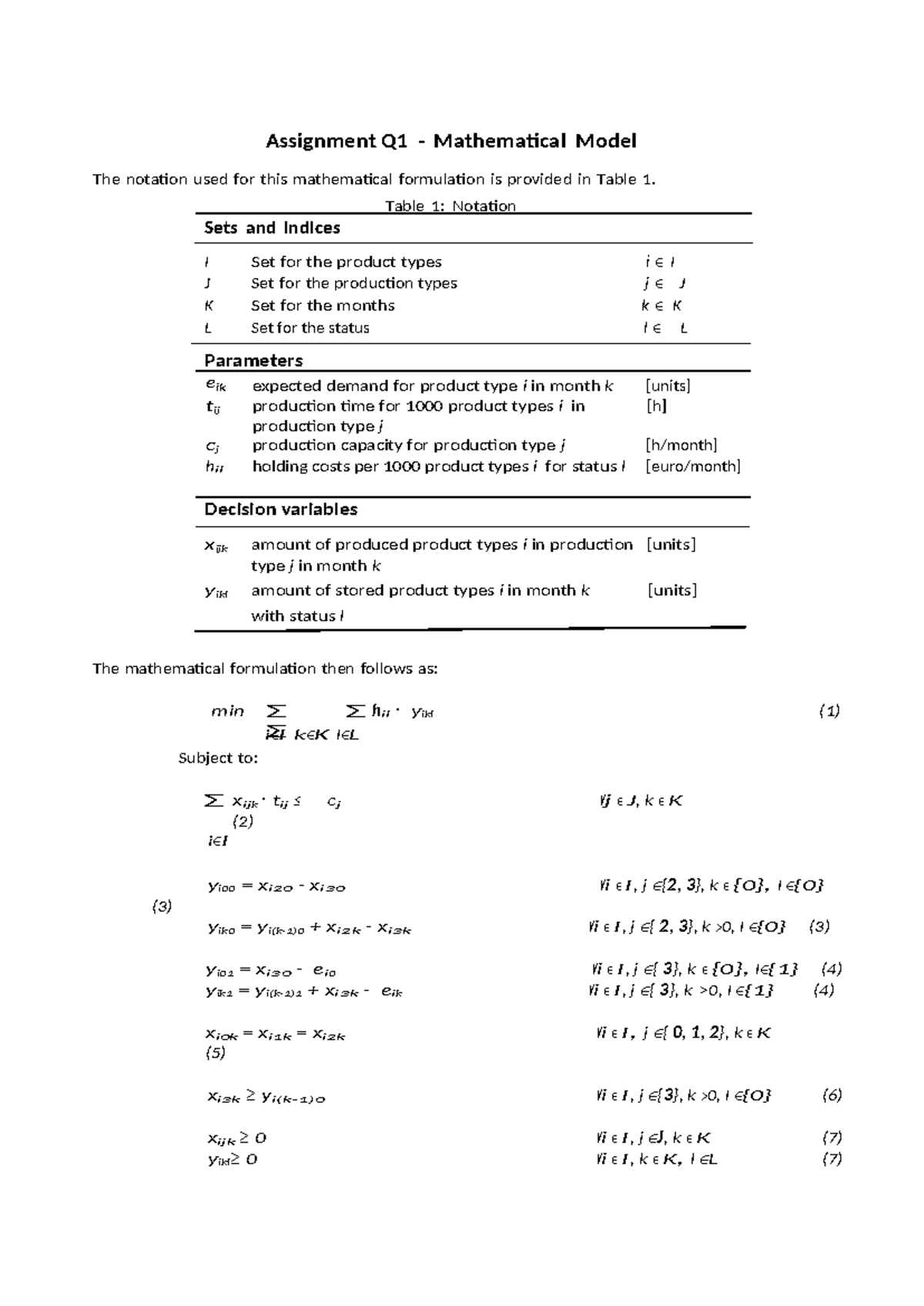 Assignment Q1: Mathematical Model Formulation and Constraints - Studeersnel