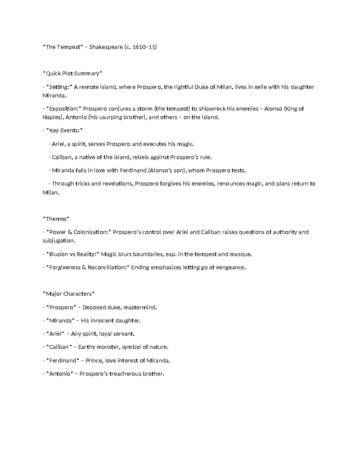 Shakespeare's The Tempest: Summary & Analysis of Key Themes - Studocu