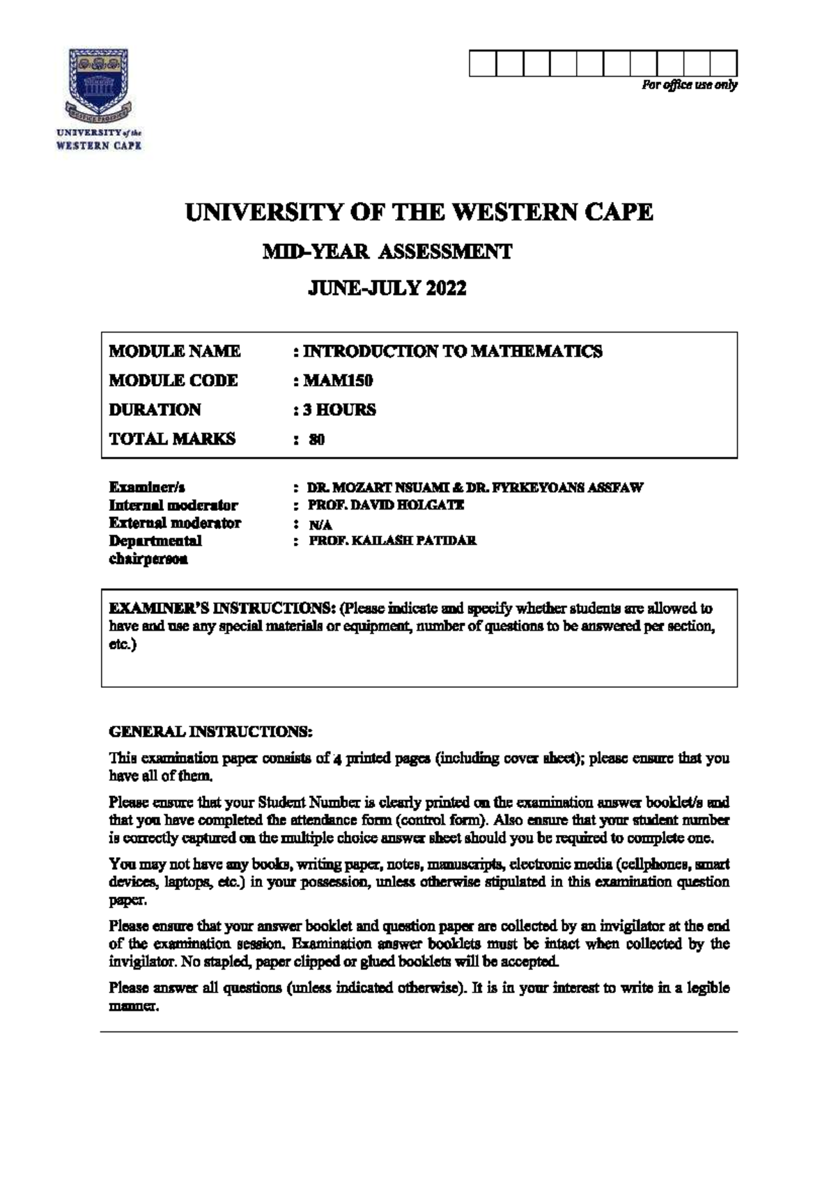 2024 MAM150 Final Exam Past Paper Questions on Mathematics - Studocu