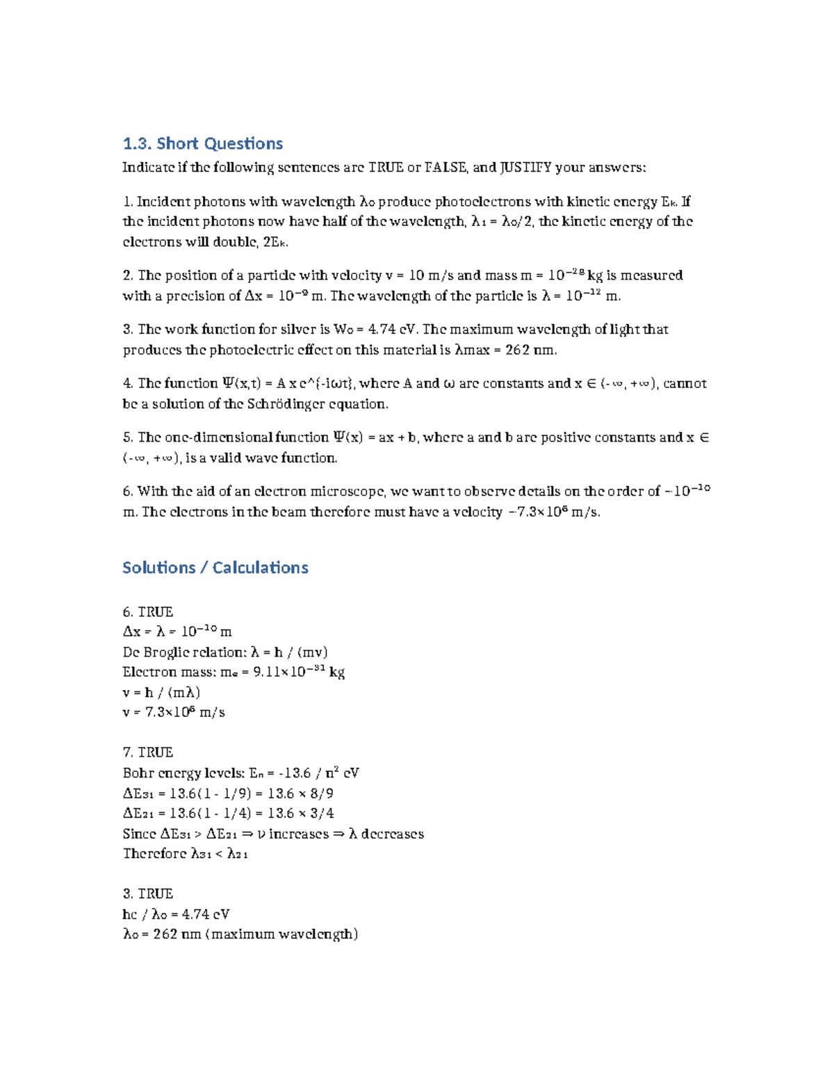Short Questions on Quantum Physics (Course Code: 1.3) - Studocu