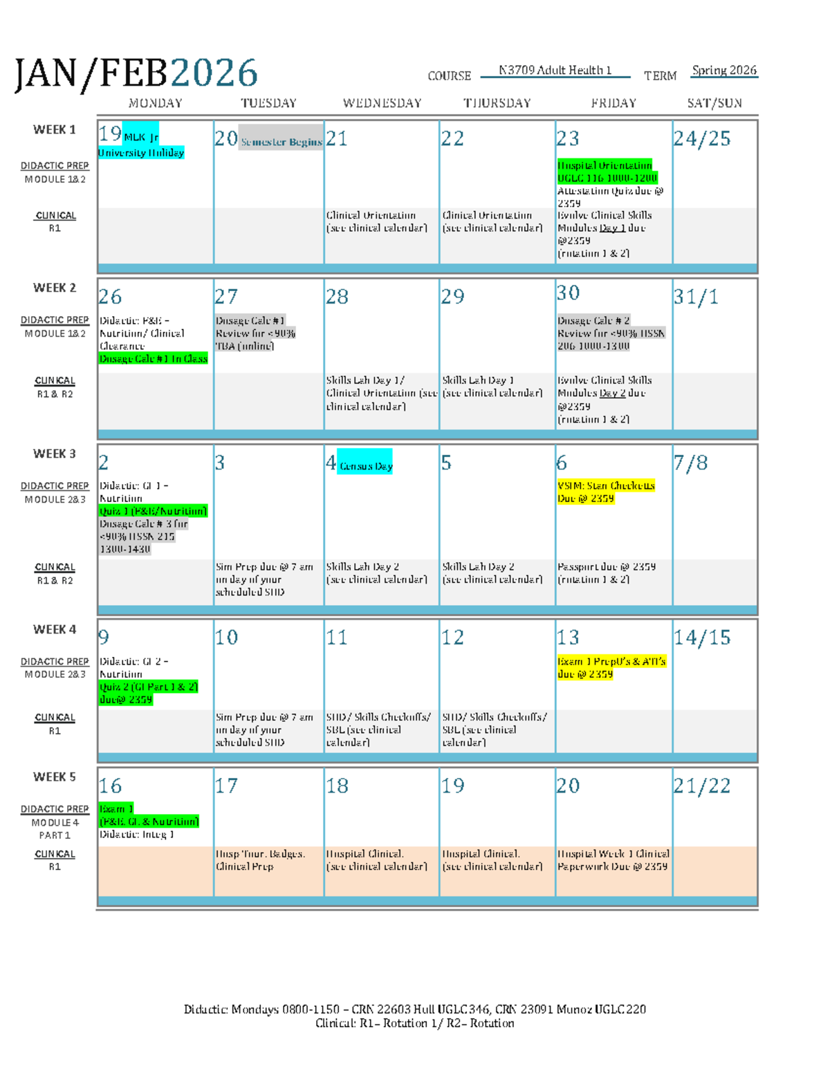N3709 Adult Health 1 Spring 2026 Medsurg Calendar Overview - Studocu