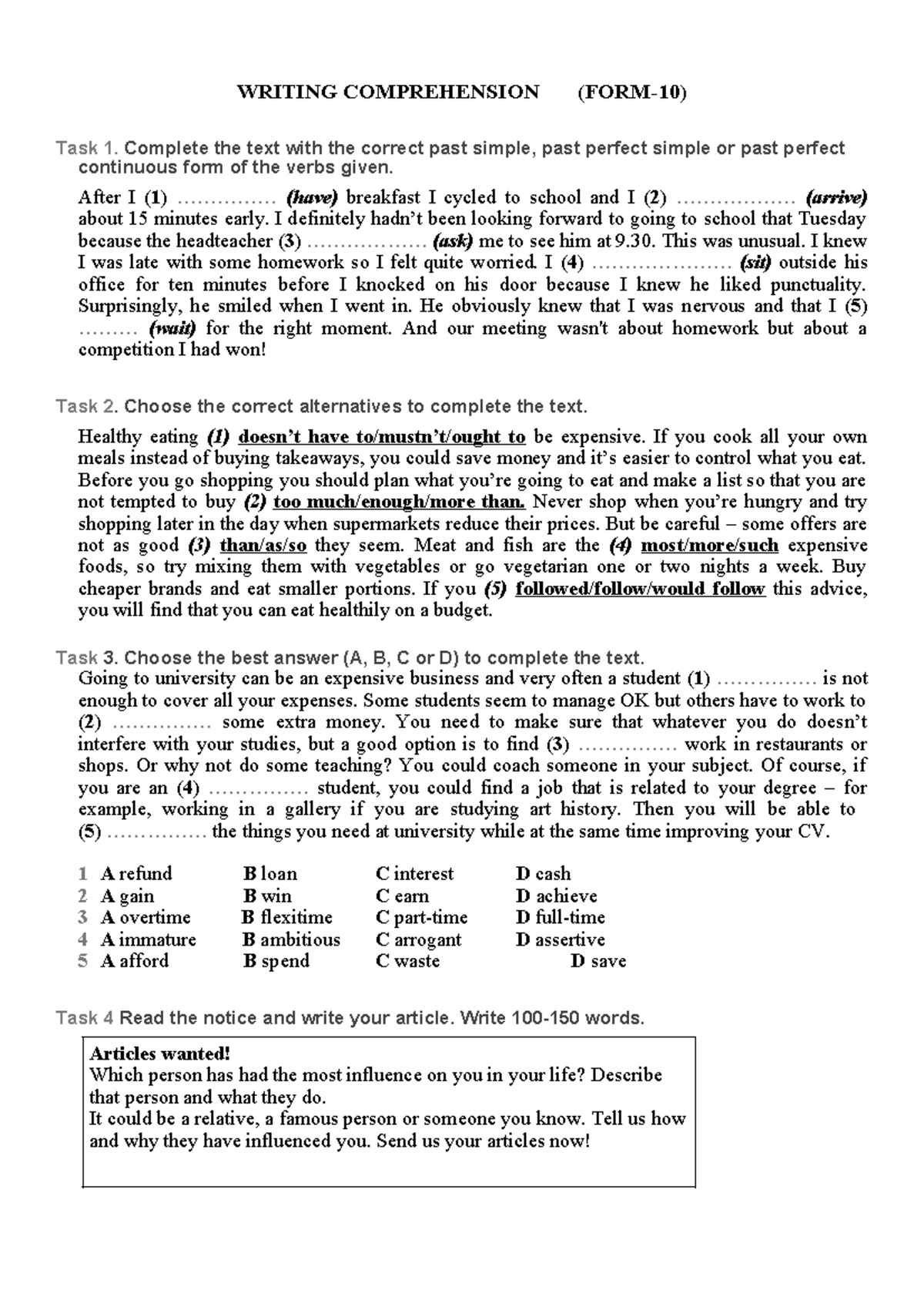 Writing 10: Comprehension Tasks and Article Assignment - 1st Semester ...