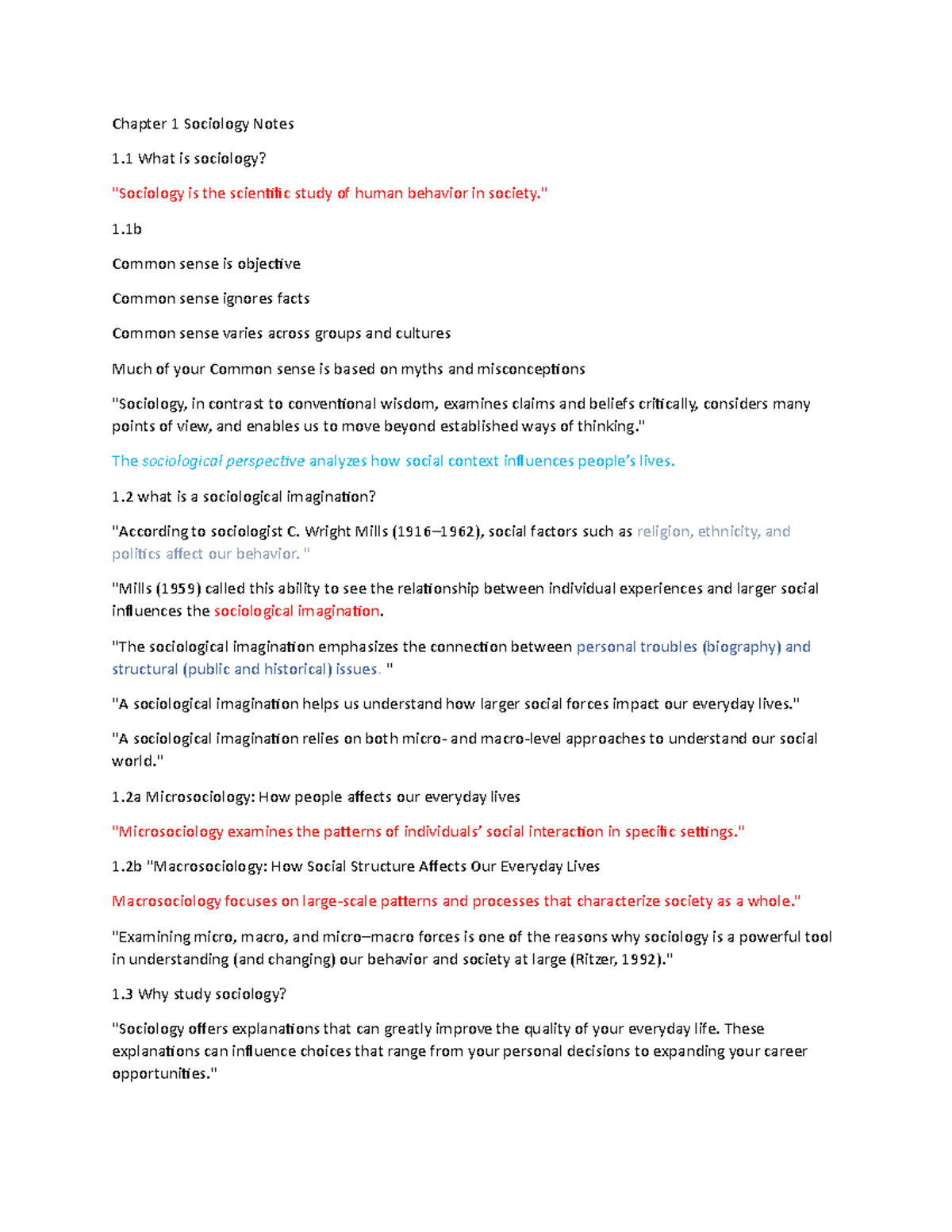 Sociology 101: Chapter 1 Key Concepts and Notes - Studocu