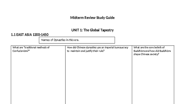 Midterm Review Study Guide: UNIT 1 - The Global Tapestry - Studocu