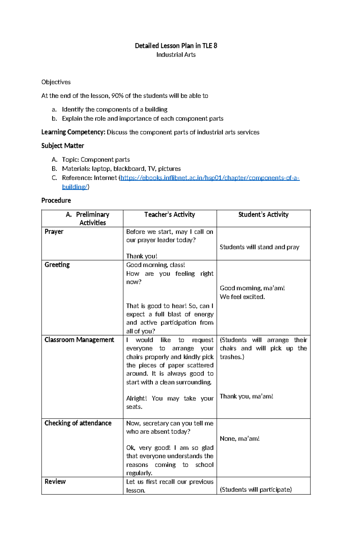 TLE 8 Lesson Plan: Understanding Building Components in Industrial Arts ...