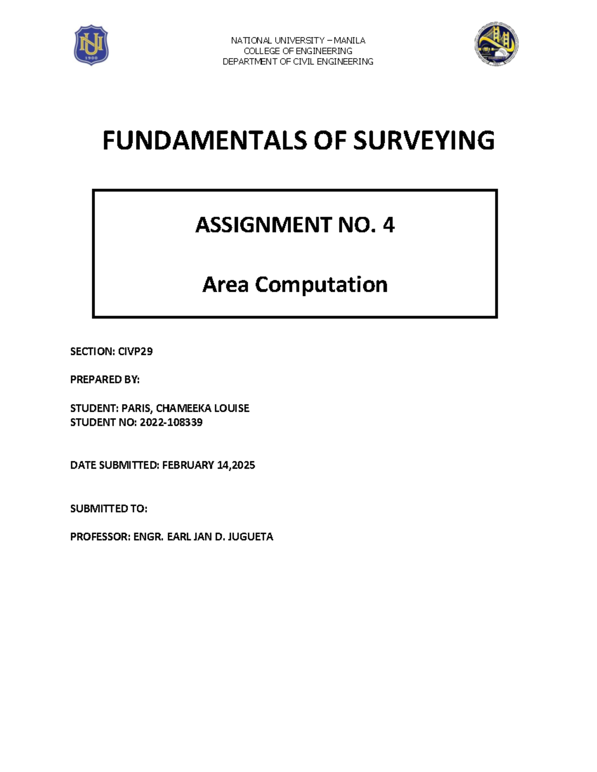 CIVP29 Fundamentals of Surveying Assignment No. 4: Area Computation ...