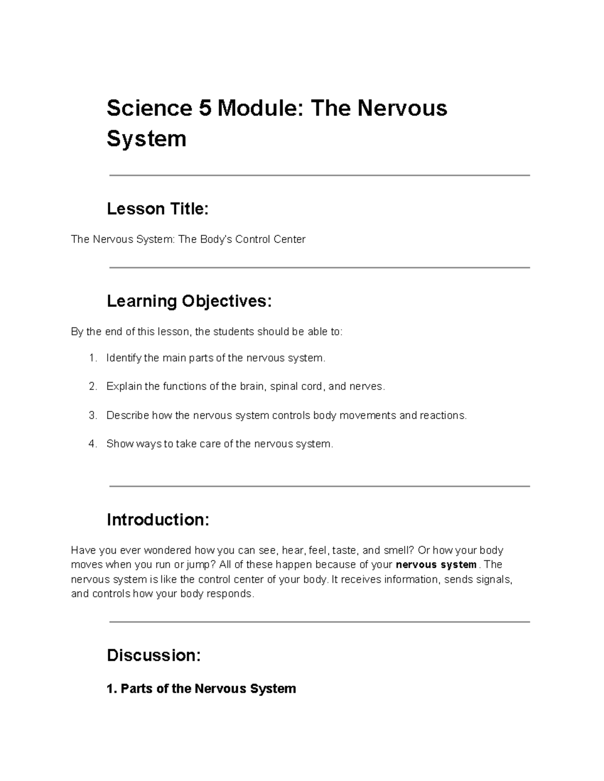 Science 5 Module: Understanding the Nervous System Lesson - Studocu