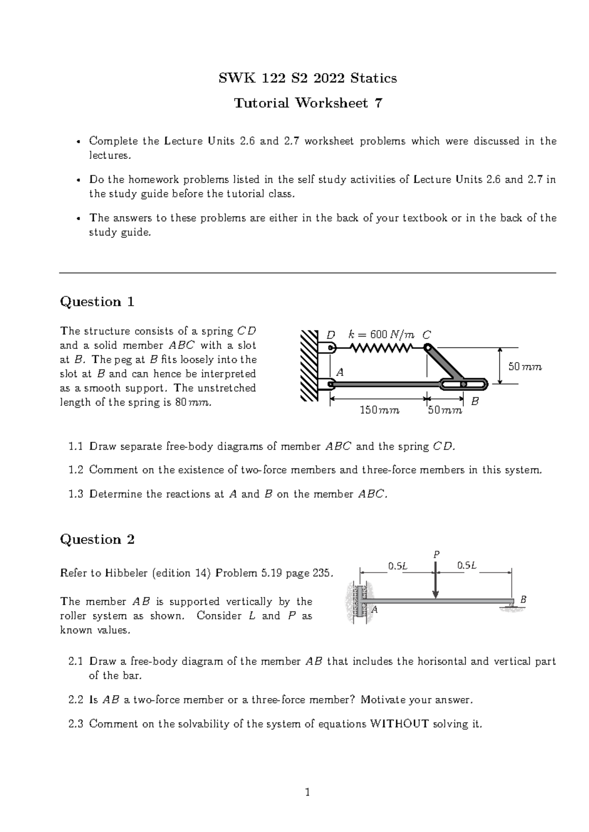 SWK 122 S2 2022 Tutorial Worksheet 7: Statics Problem Solutions - Studocu