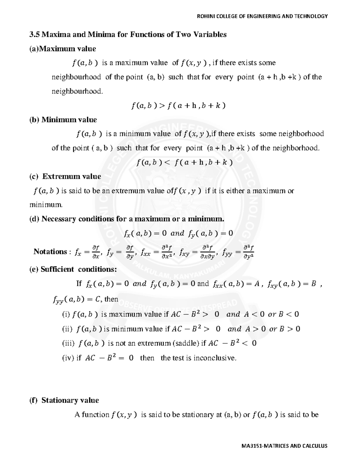 MATH 1181 Maxima and Minima of Functions of Two Variables - Studocu