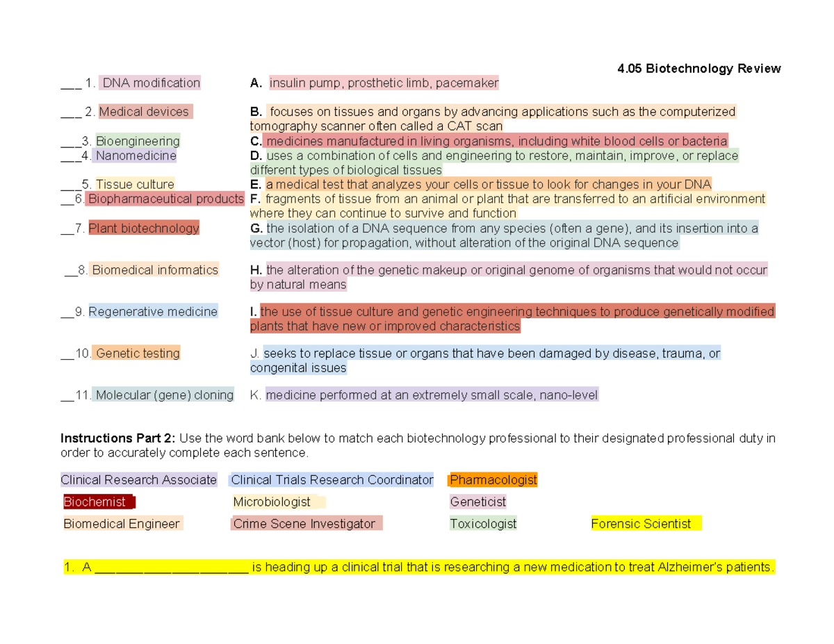 4.05 Biotechnology Review: Key Concepts and Professional Roles - Studocu