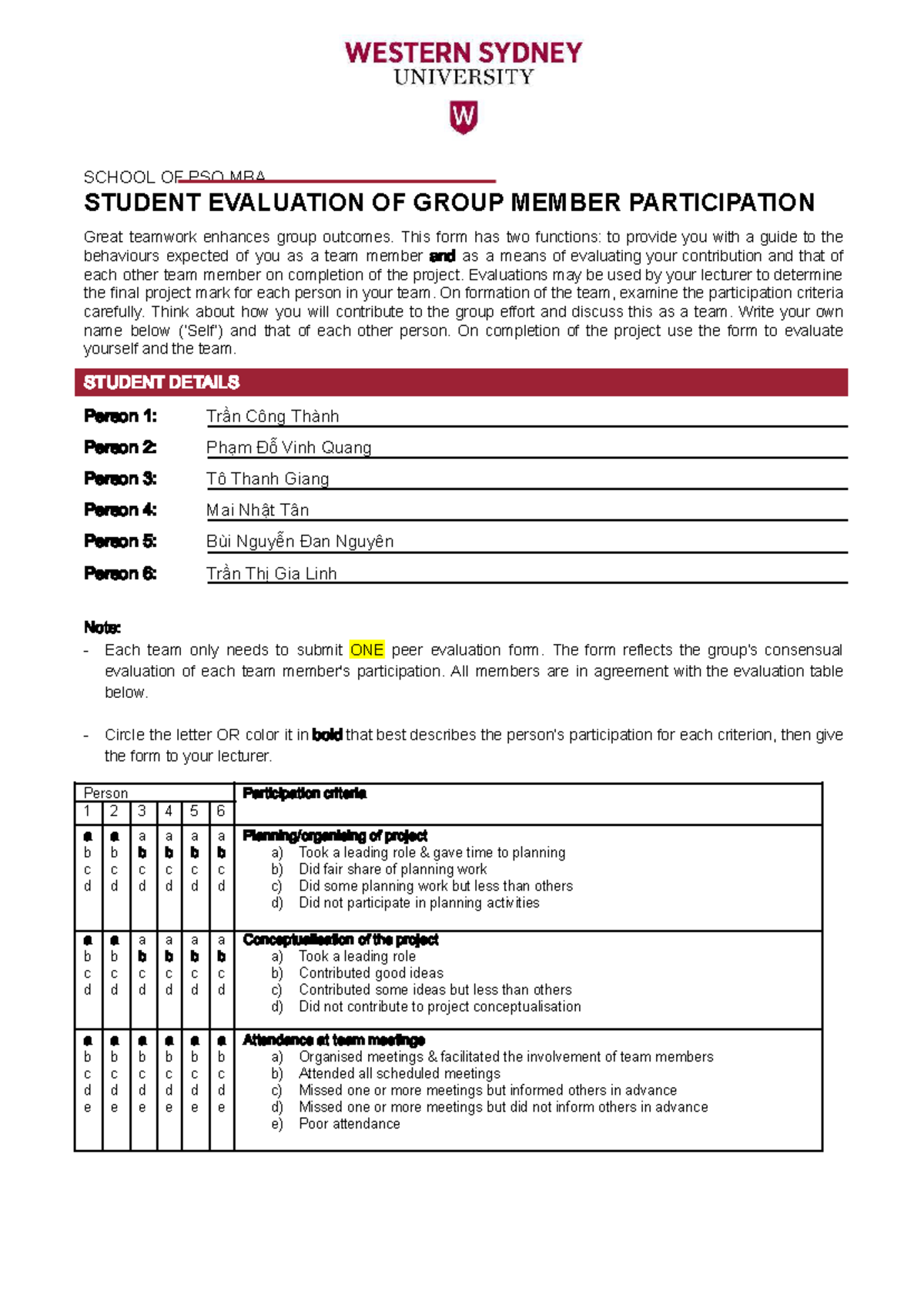 FRDM Q325 P1 Group 3 A2 Peer Evaluation of Team Participation - Studocu
