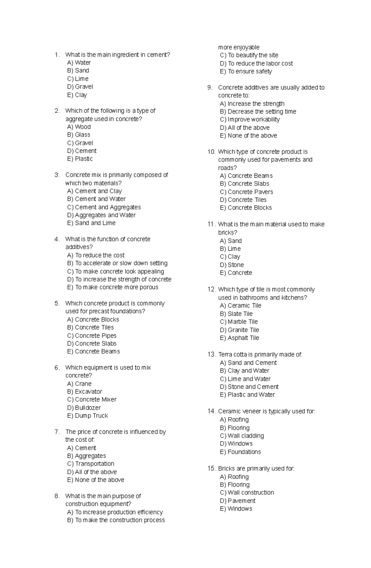 BT 1 Concrete and Construction Materials Quiz Notes - Studocu