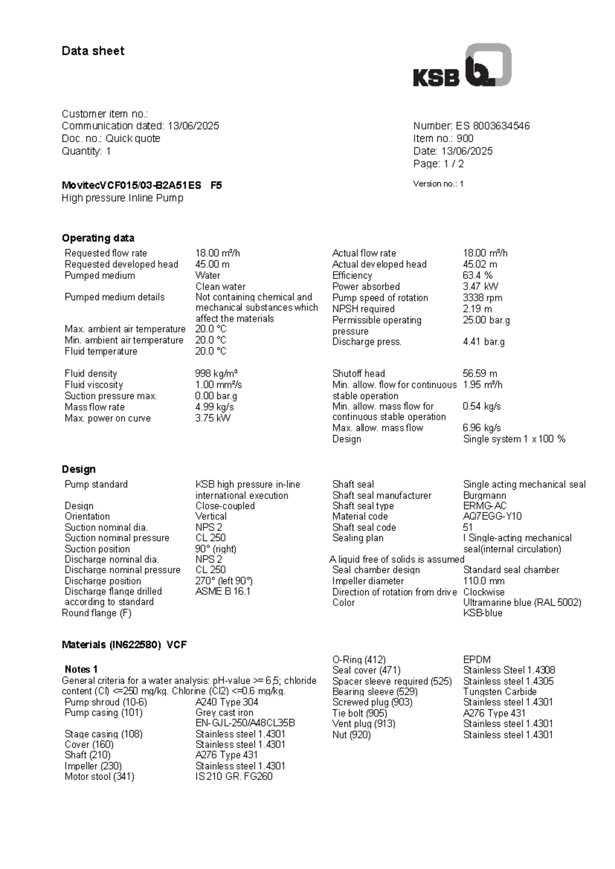Technical Datasheet: F5 High Pressure Inline Pump ES 8003634546 - Studocu