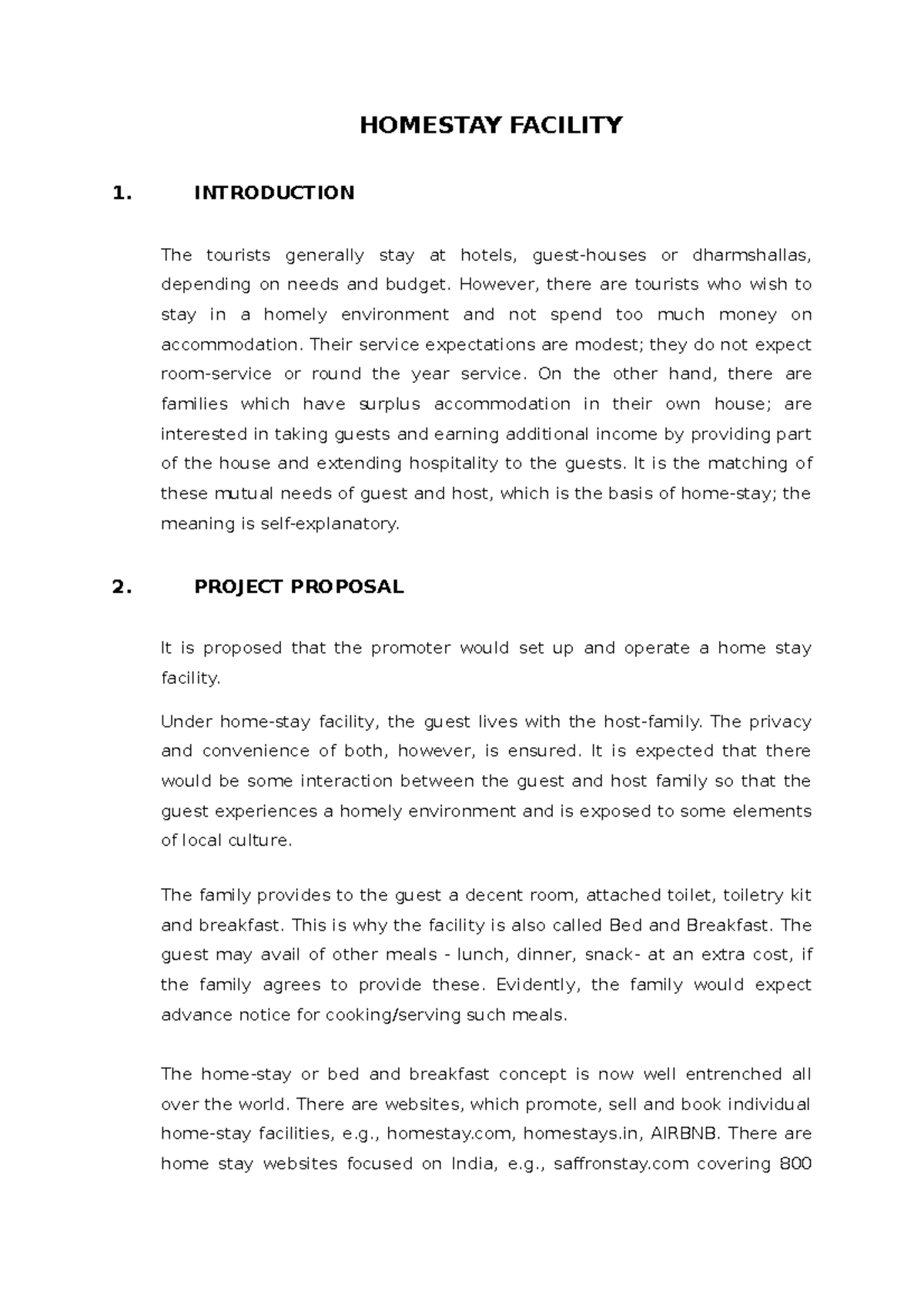 Homestay Facility Project Proposal: A Comprehensive Overview - Studocu