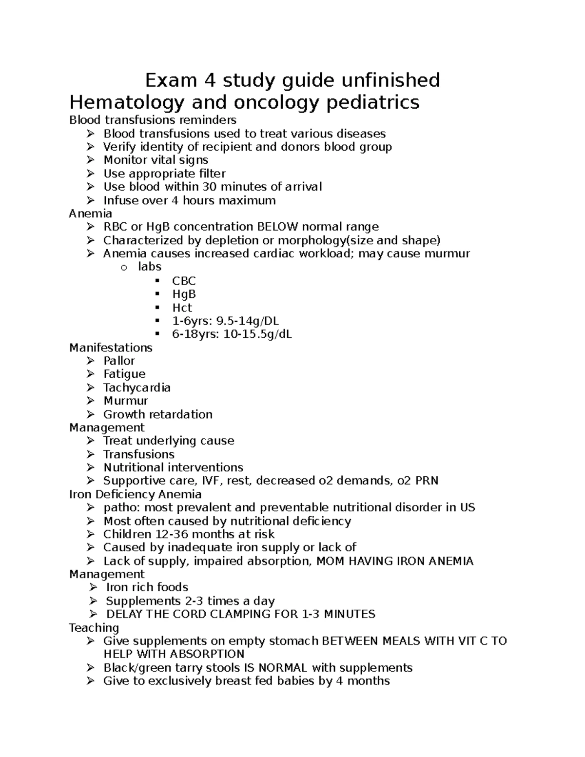 Exam 4 Review - Study guide - Hematology : Blood transfusions Grief ...
