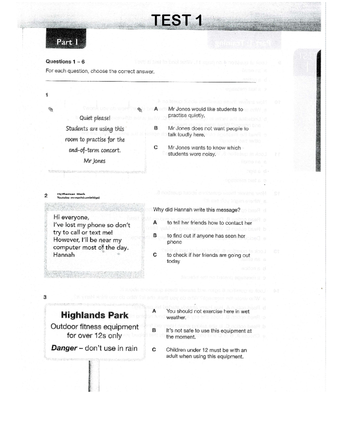Bài Kiểm Tra Reading & Writing KET 1: Test Questions and Answers - Studocu