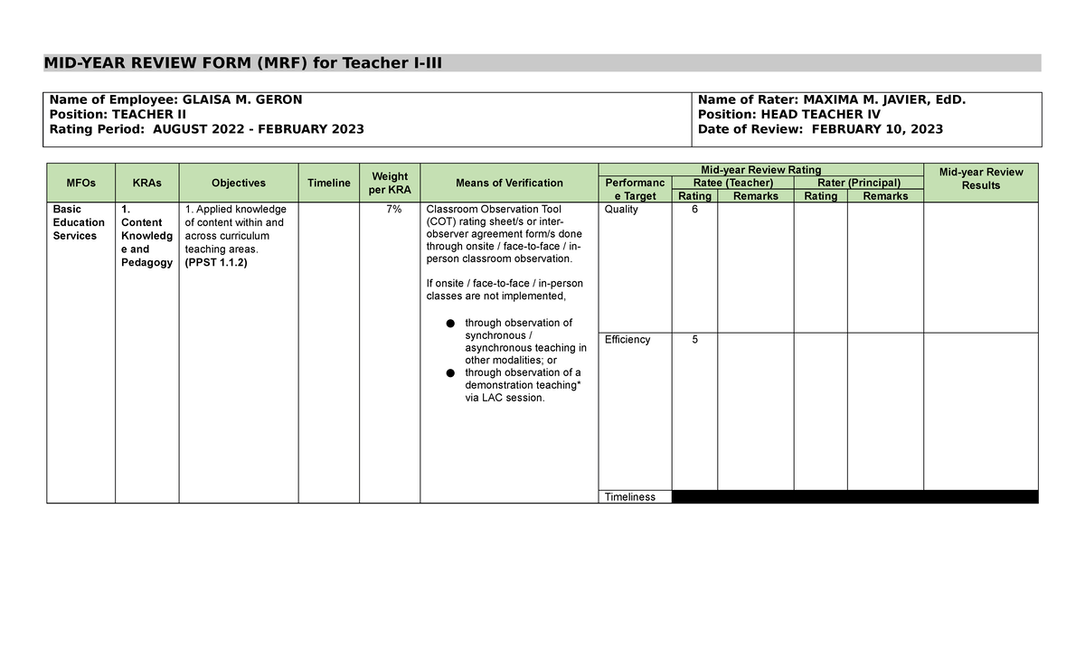 Mid-Year Review Form (MRF) for Teacher II - IPCRF 2022-2023 - Studocu