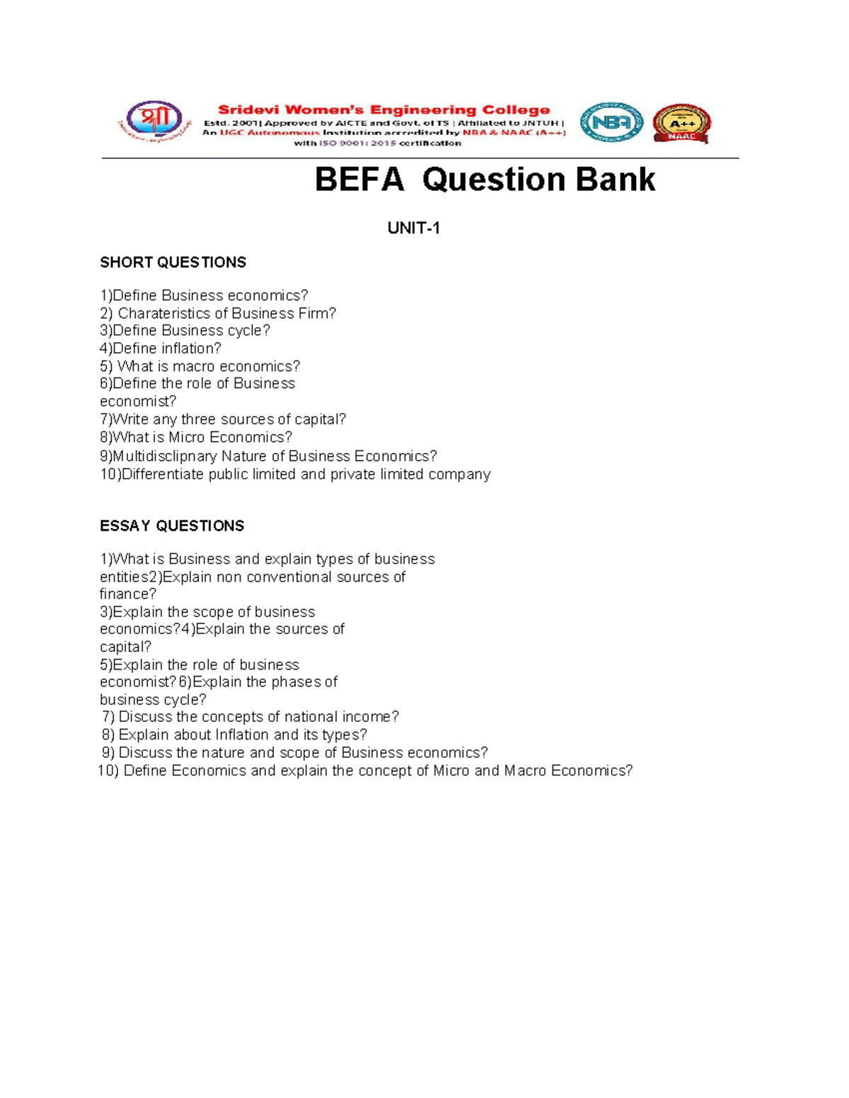 BEFA Question Bank: Short and Essay Questions Overview - Studocu