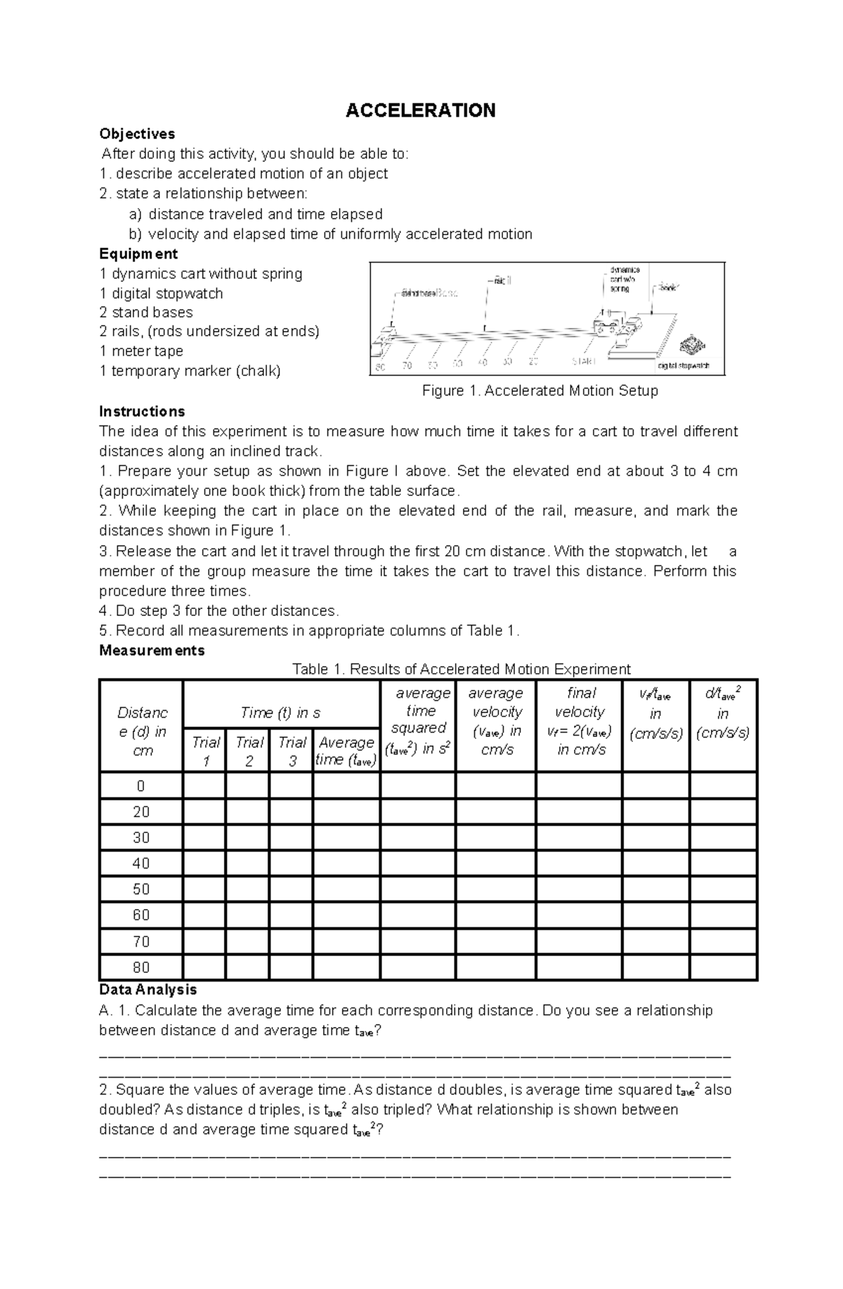 Acceleration- Activity - ACCELERATION Objectives After doing this ...