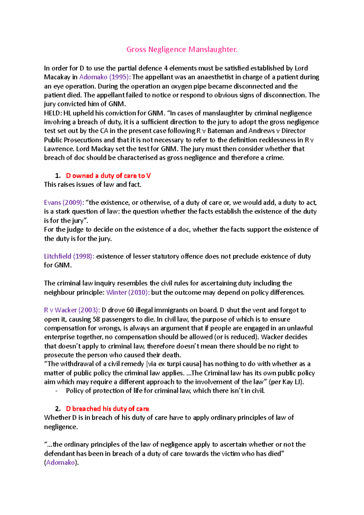 GNM Revision: Key Points on Gross Negligence Manslaughter - Studocu