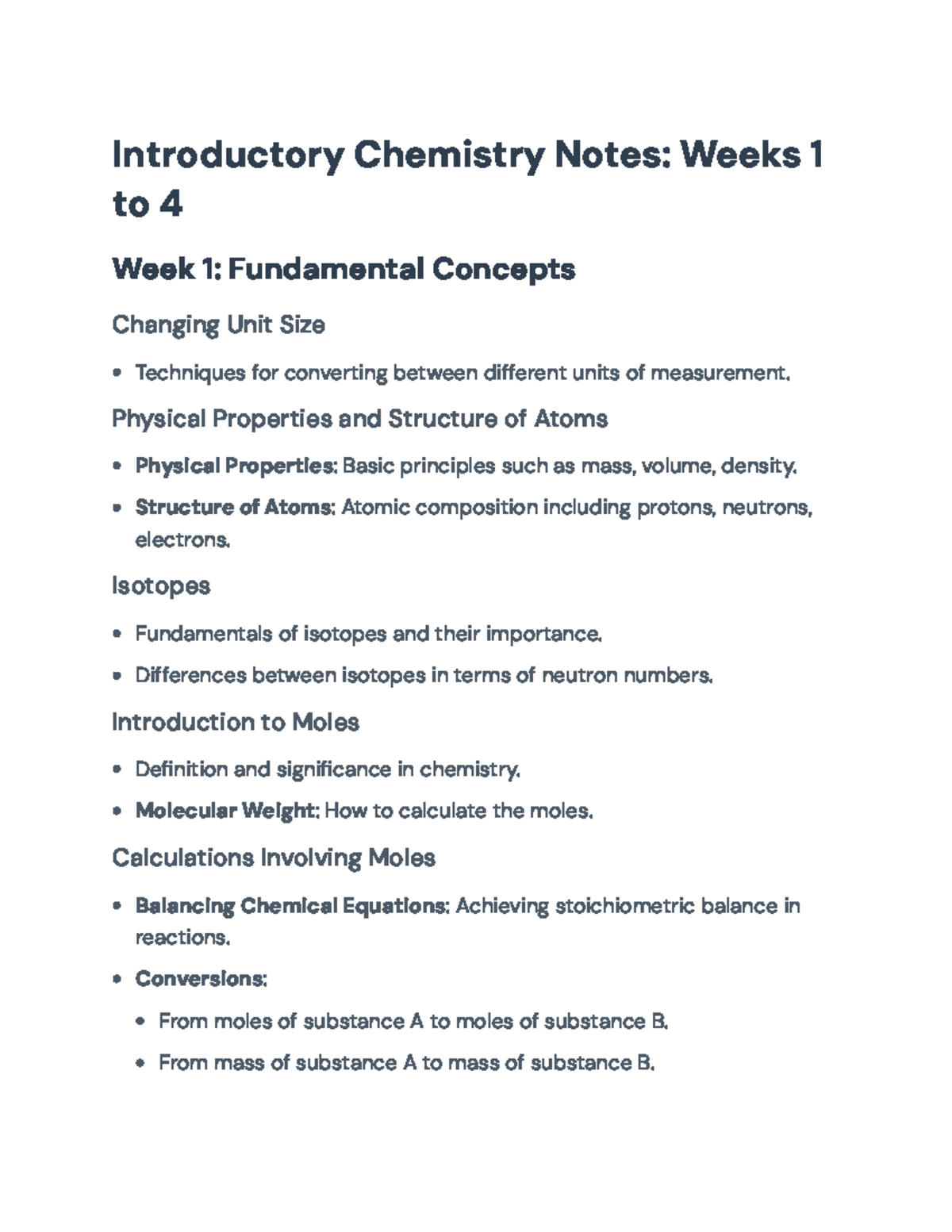 Introductory Chemistry Notes: Weeks 1-4 Overview (CHEM Essentials ...