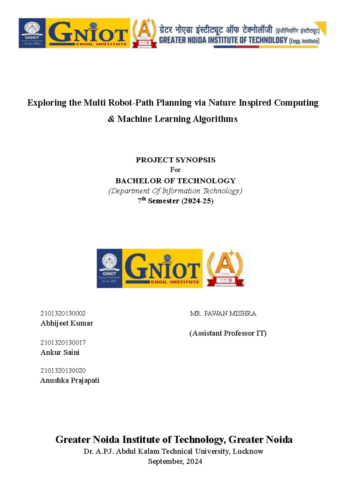 B.Tech Project Synopsis: Multi-Robot Path Planning via Nature-Inspired ...