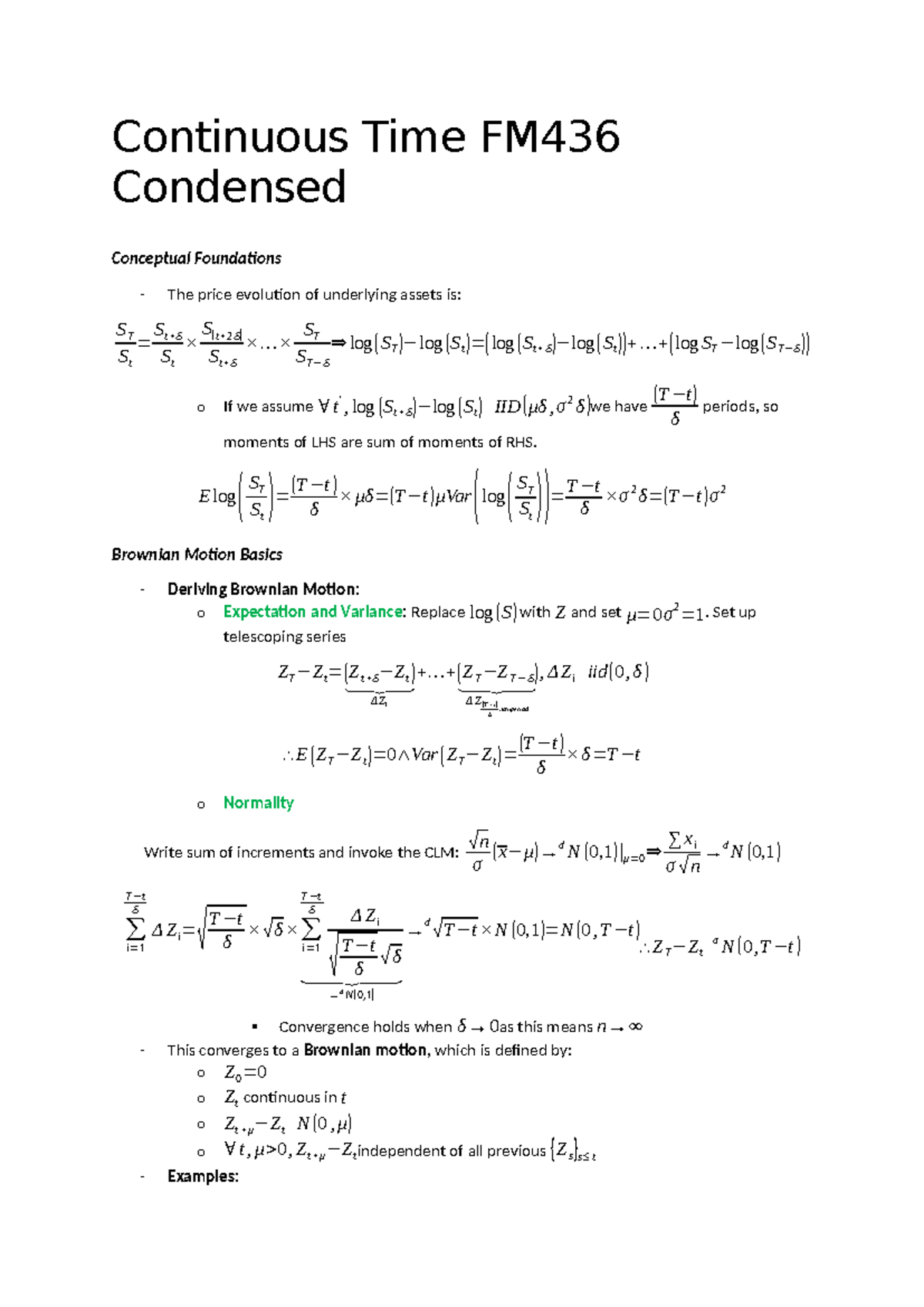 Condensed Notes on FM436 Continuous Time Finance Concepts - Studocu
