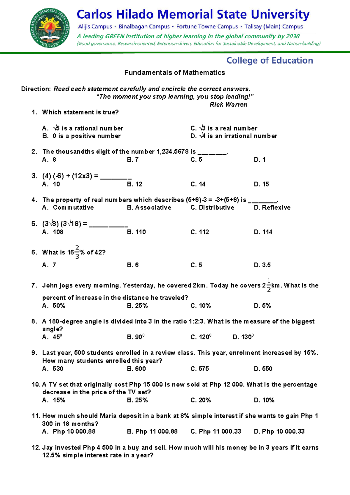 Fundamentals of Mathematics (Final Exam) - Practice Questions - Studocu