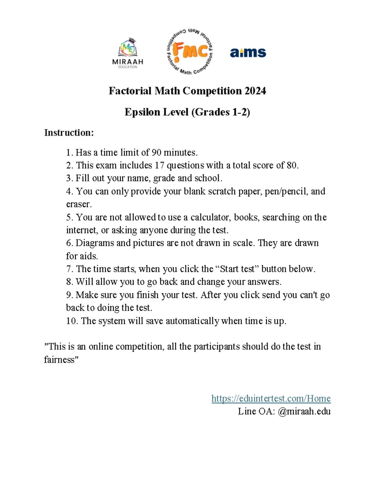 Factorial Math Competition 2024 Epsilon Level - Grades 1 & 2 Part I ...