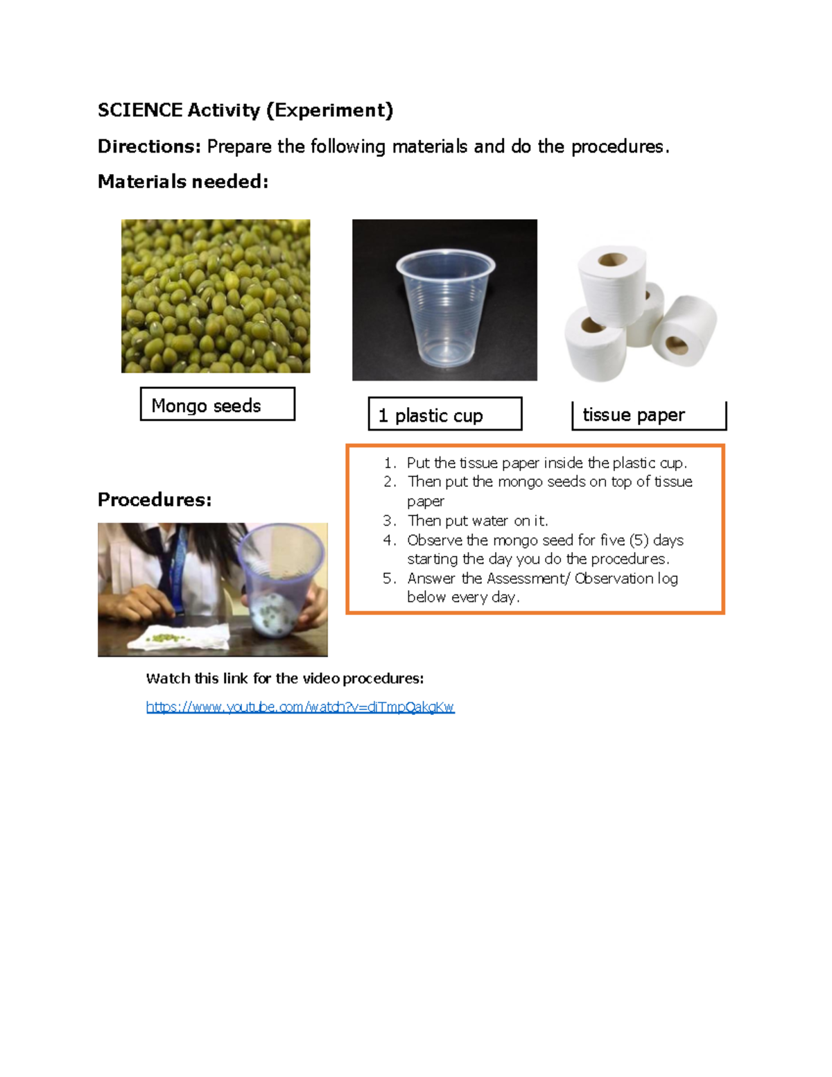 Science Activity on Mongo Seed Germination Experiment - Studocu