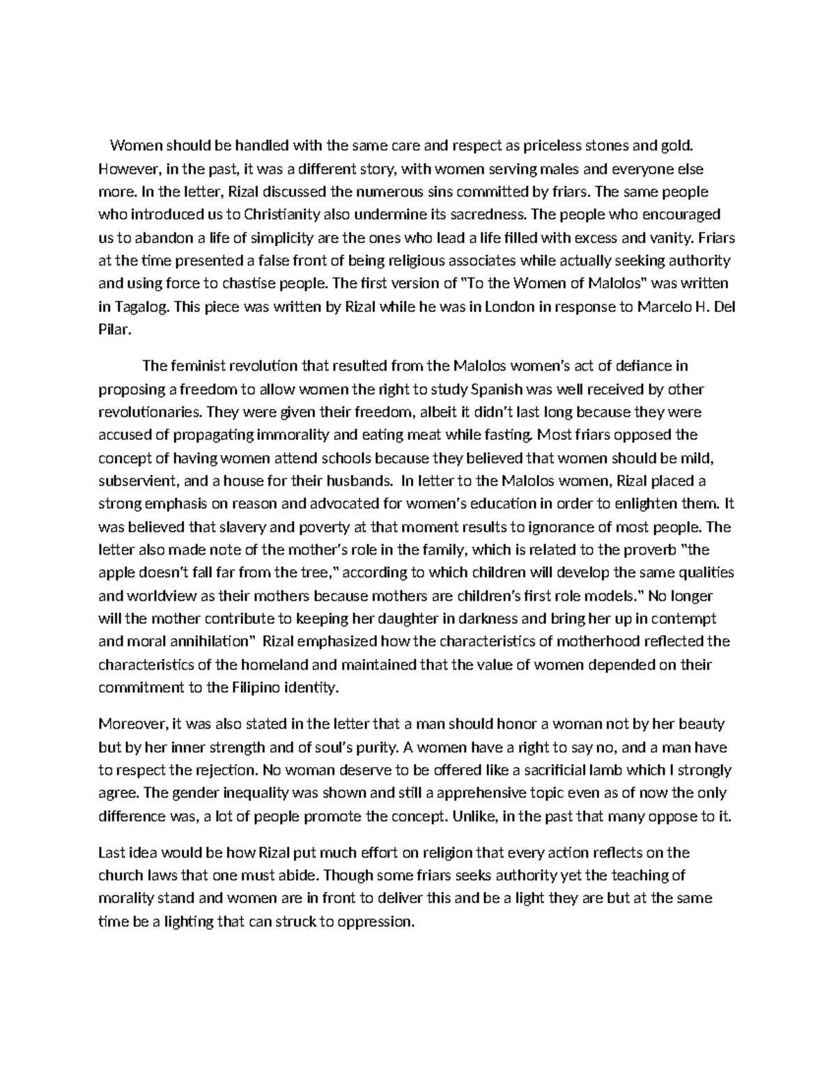 Women of Malolos - Essays on Rizal's views on gender equality - Studocu