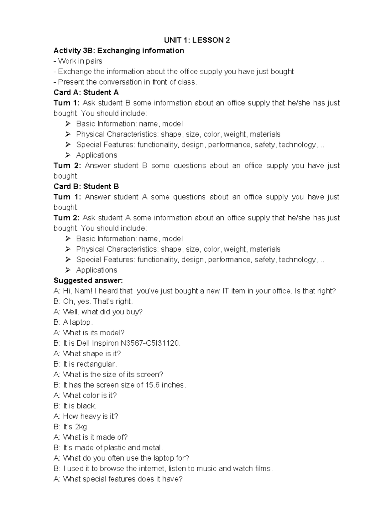 Speaking- Revision-2024 - UNIT 1: LESSON 2 Activity 3B: Exchanging ...