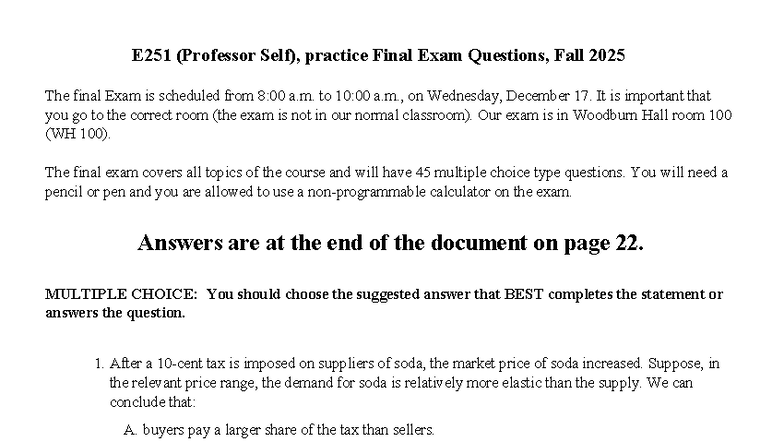 E251 Practice Final Exam Questions - Fall 2025 - Studocu