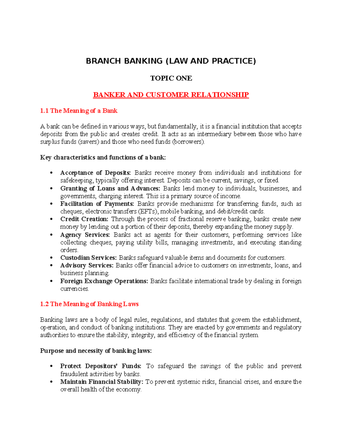 Branch Banking (LAW & PRACTICE) Topic 1: Banker-Customer Relationship ...