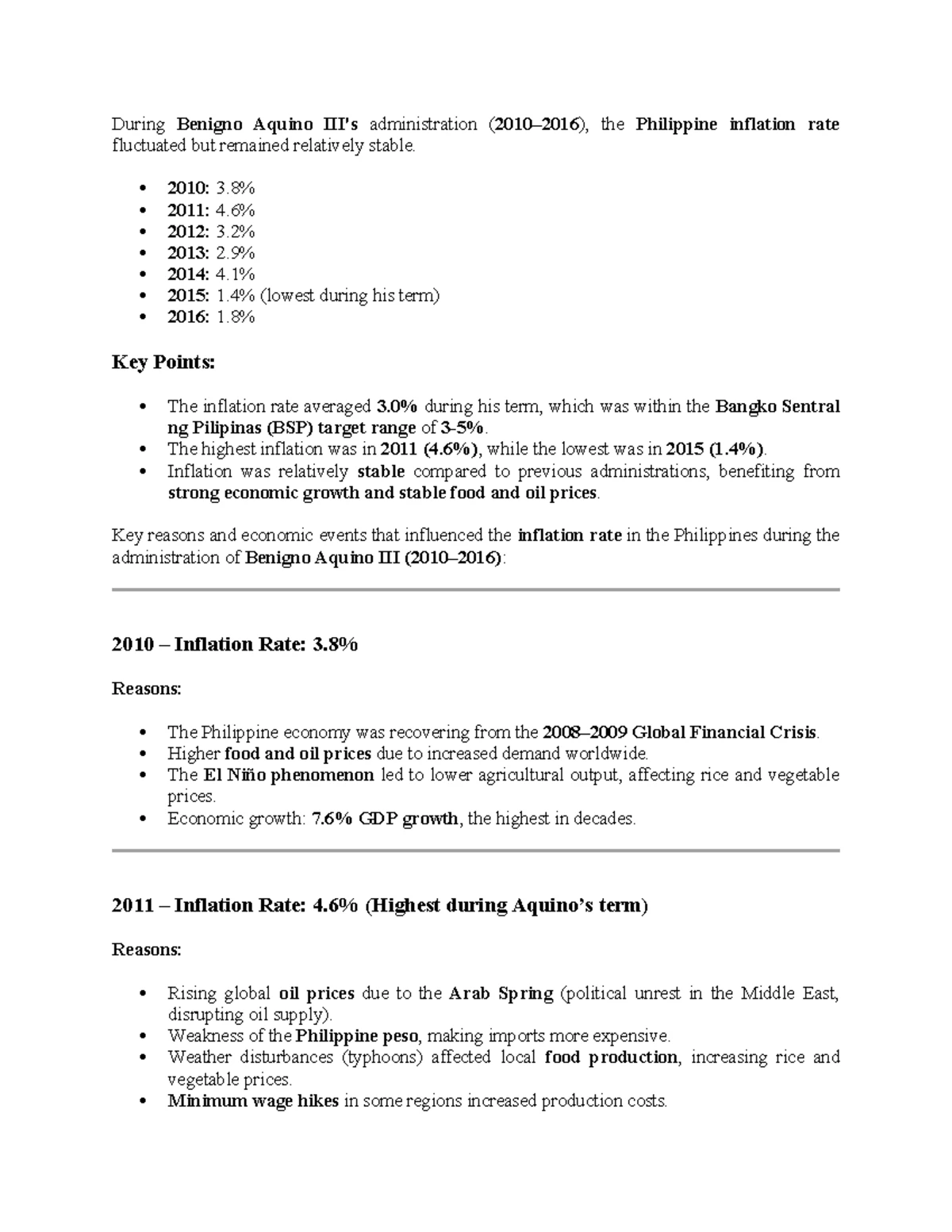 ECON 101 - Final Exam Summary on Inflation in Aquino III's Era - Studocu