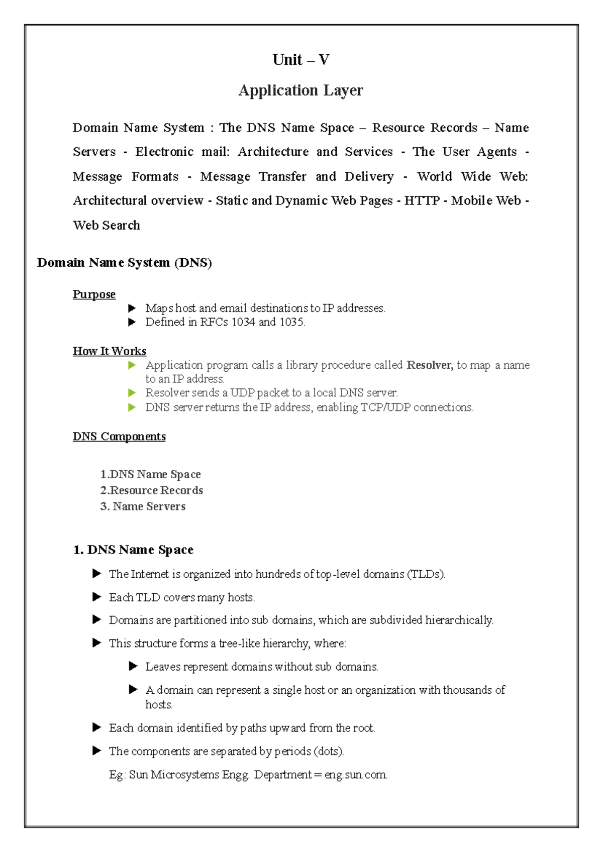 Unit 5: Application Layer - DNS, Email, and Web Overview - Studocu