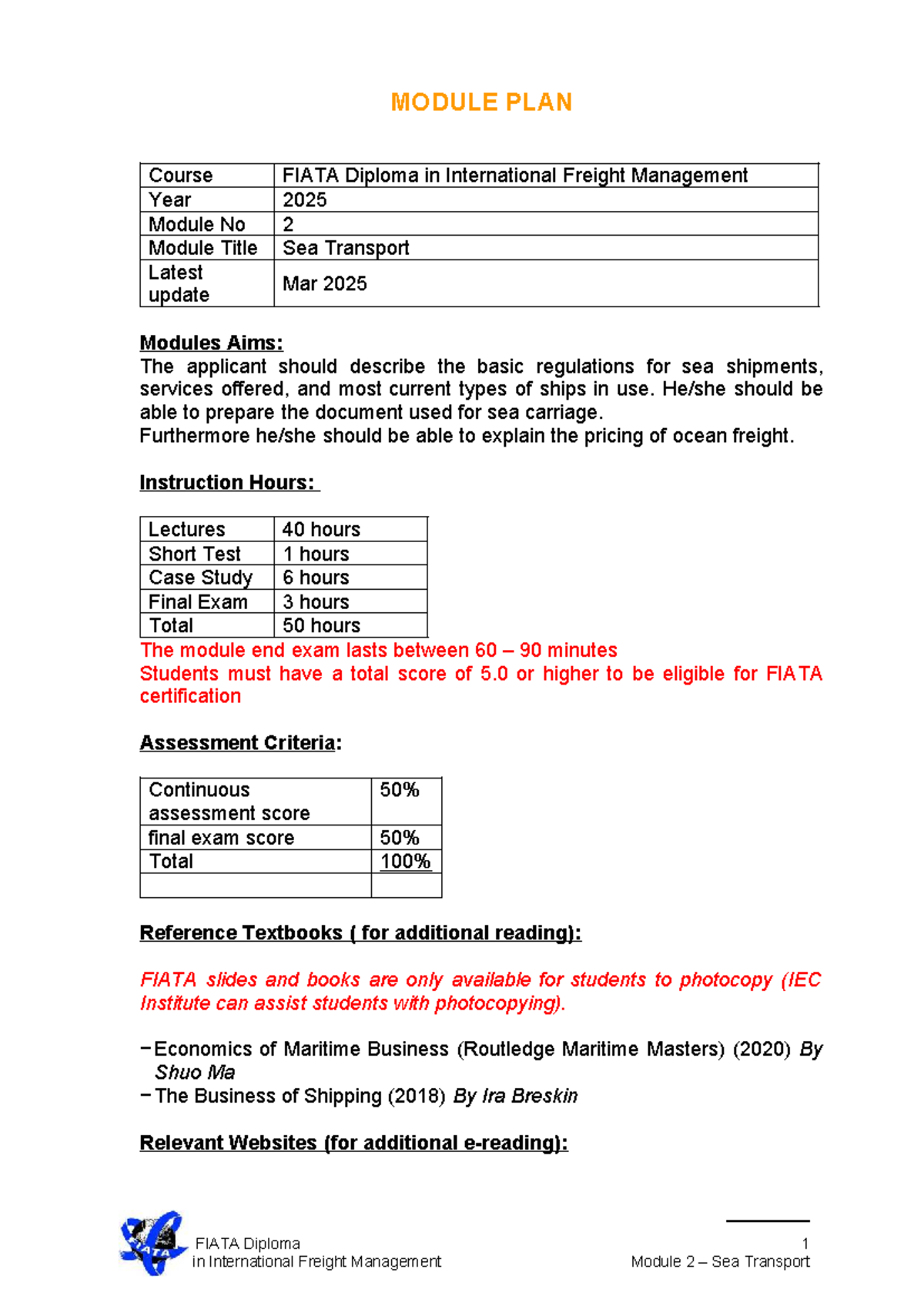 FIATA Diploma in International Freight Management 2025: Module 2 Sea ...