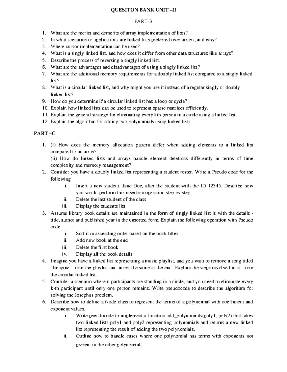 Unit 2 QB - Question bank unit 2 dsa - QUESITON BANK UNIT – II PART-B ...