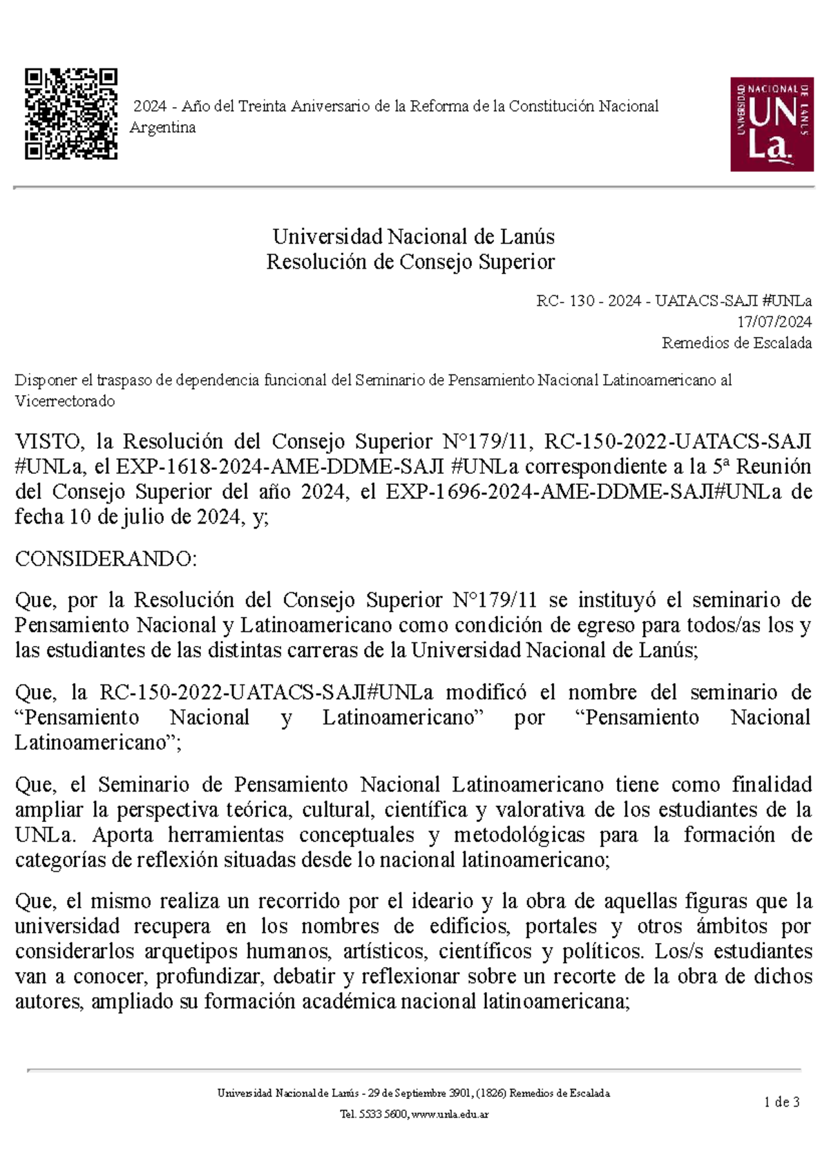 Programa del Seminario de Pensamiento Nacional y Latinoamericano UNLa ...