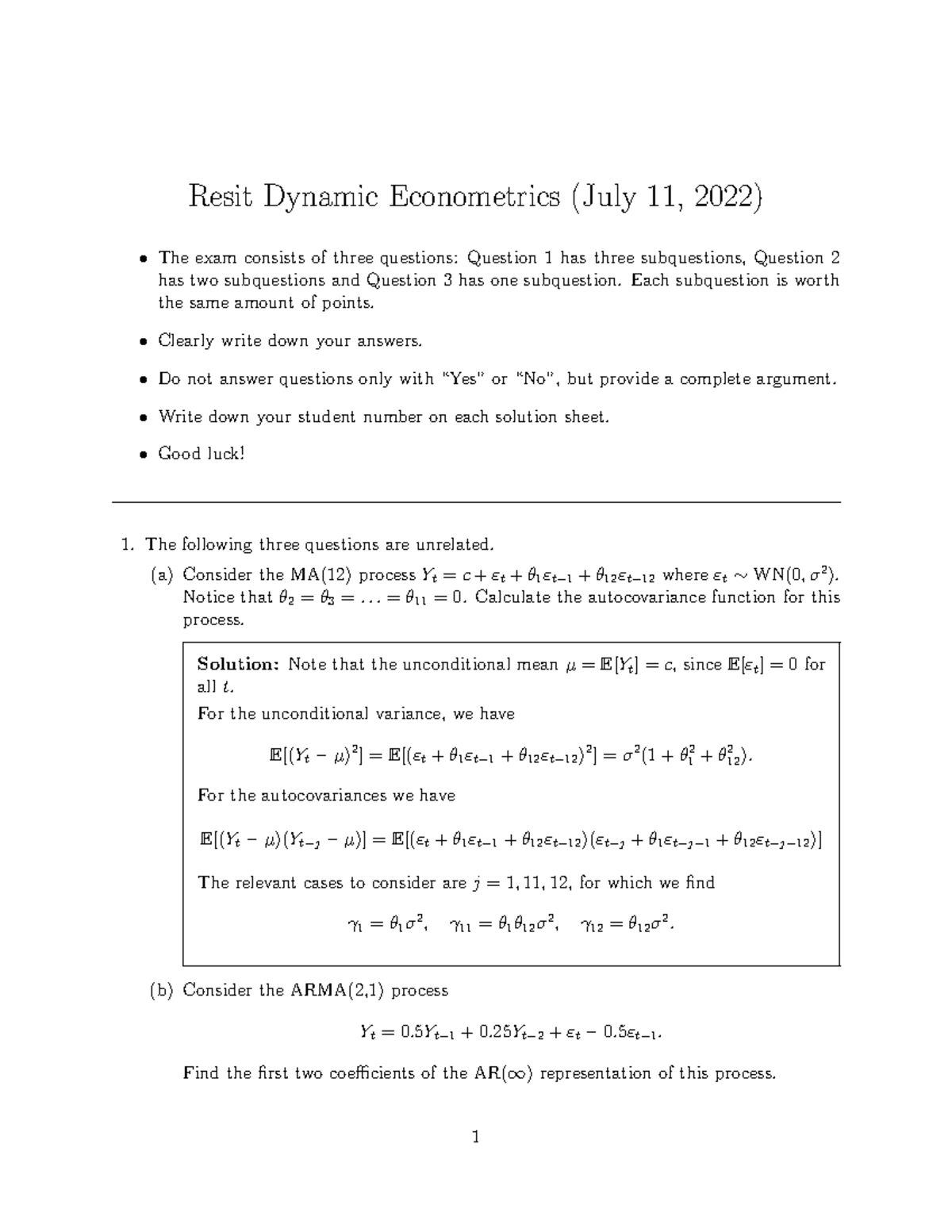 Resit 2022-2023 DE Dynamic Econometrics with Solutions - Studeersnel
