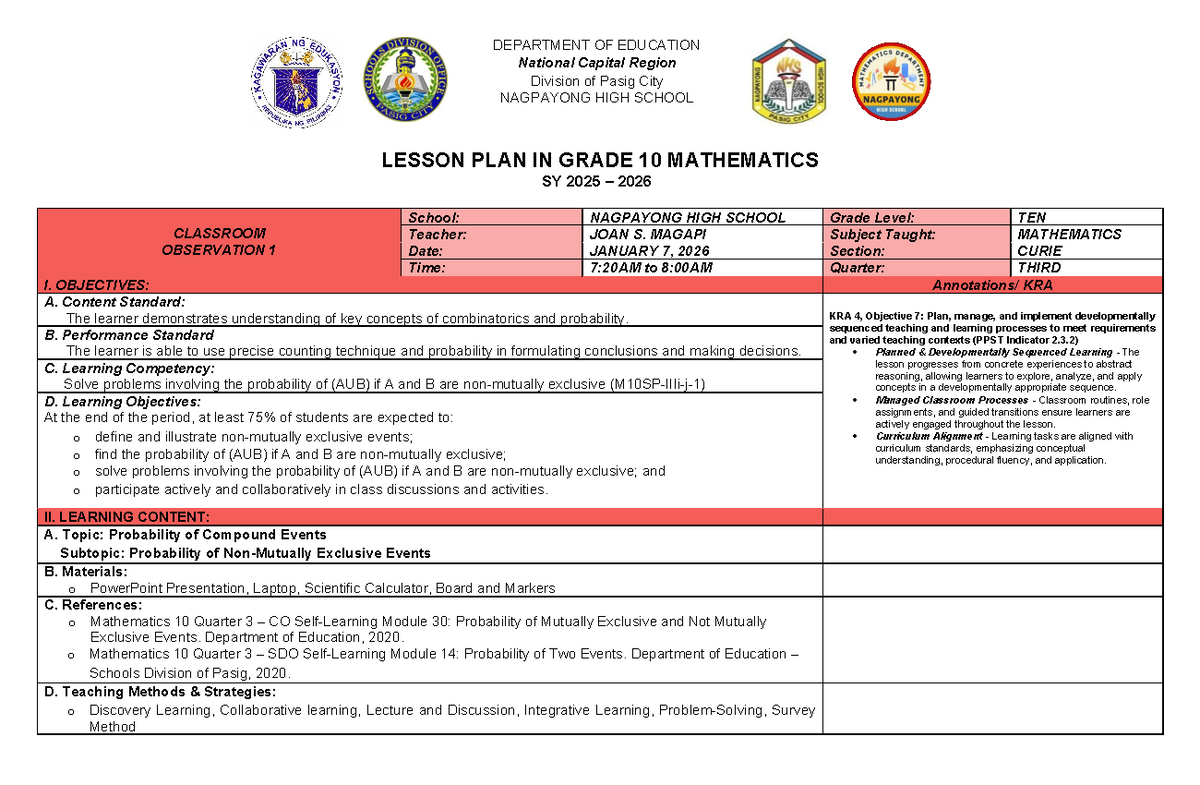 Grade 10 Math Lesson Plan: Probability of Exclusive Events (SY 2025 ...