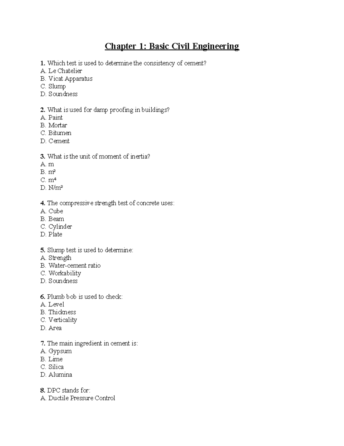Chapter 1: Basic Civil Engineering 1 - Key Concepts and Tests - Studocu